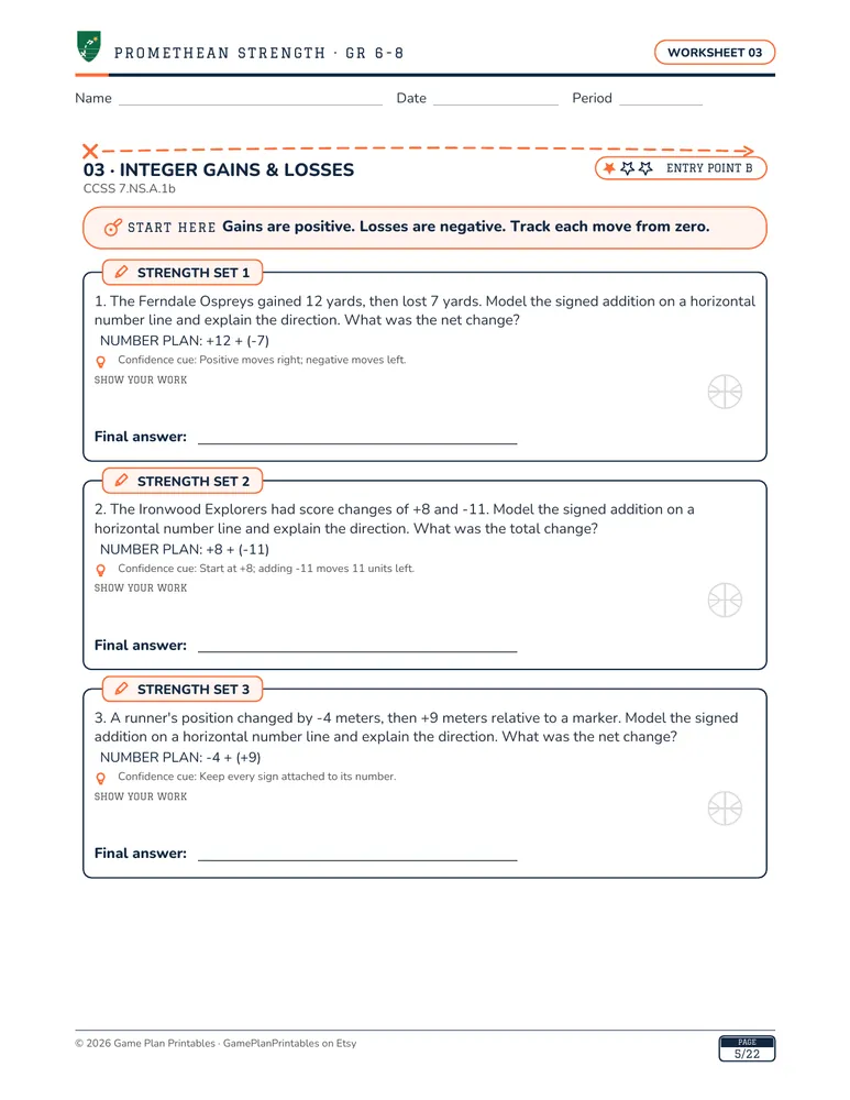 A real worksheet page — Integer Gains & Losses, grade 7, with a worked example and answer key