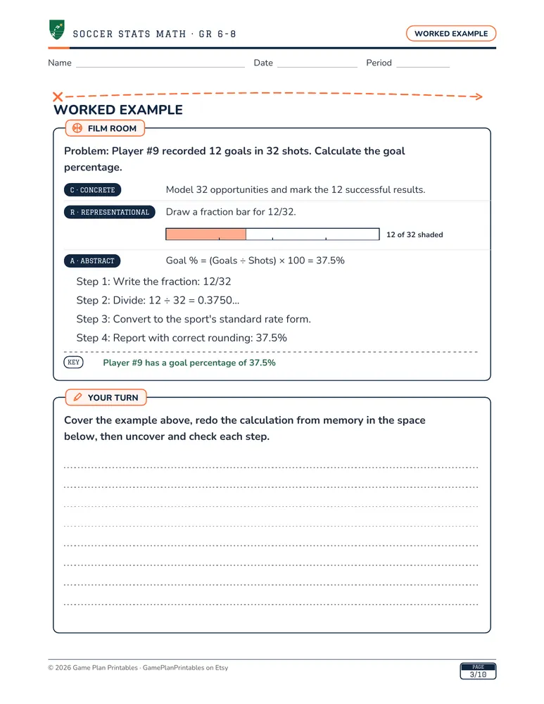 A second real worksheet page showing the worked example structure